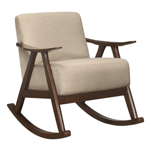 Tim 37 Inch Rocking Armchair- Beige Polyester- Walnut Brown Solid Wood