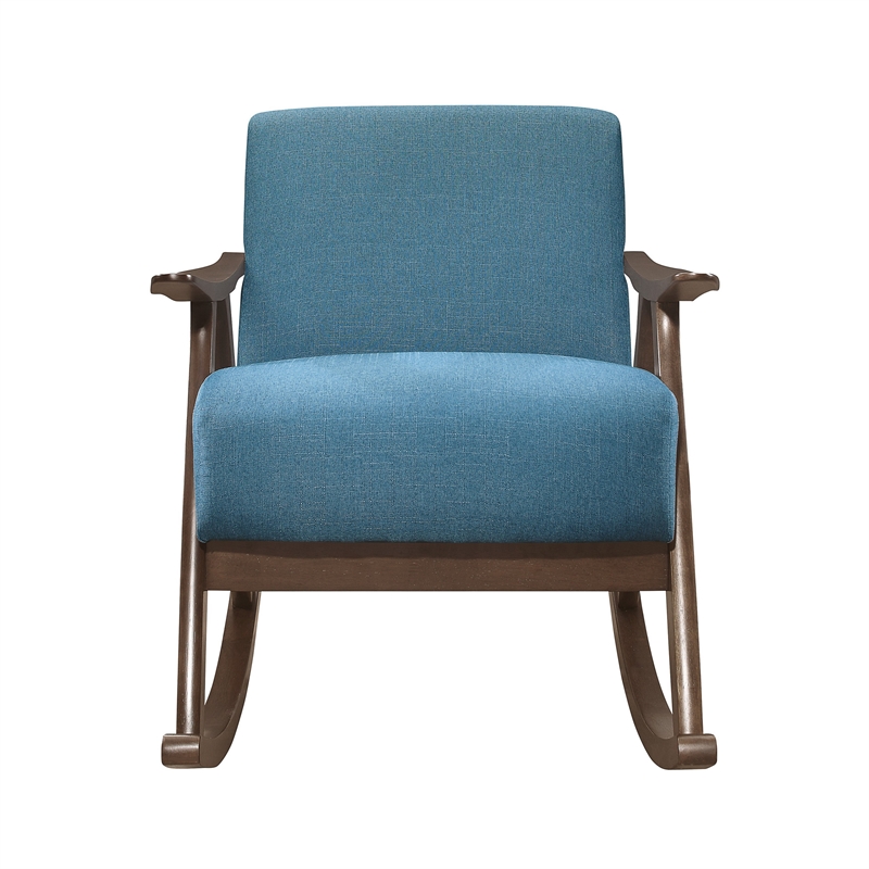 Tim 37 Inch Rocking Armchair- Blue Polyester- Walnut Brown Solid Wood