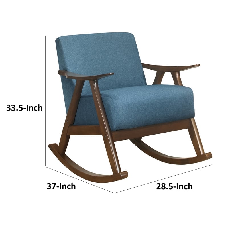Tim 37 Inch Rocking Armchair- Blue Polyester- Walnut Brown Solid Wood