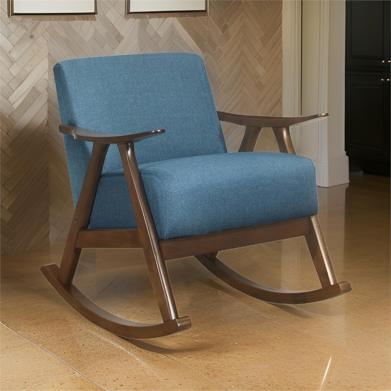Tim 37 Inch Rocking Armchair- Blue Polyester- Walnut Brown Solid Wood