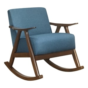 Tim 37 Inch Rocking Armchair- Blue Polyester- Walnut Brown Solid Wood