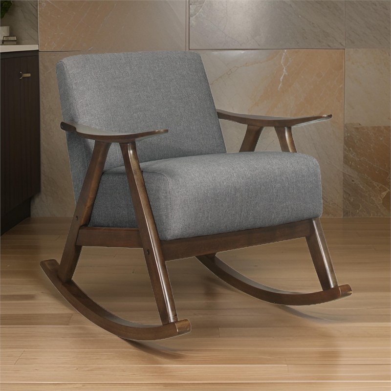 Tim 37 Inch Rocking Armchair- Gray Polyester- Walnut Brown Solid Wood