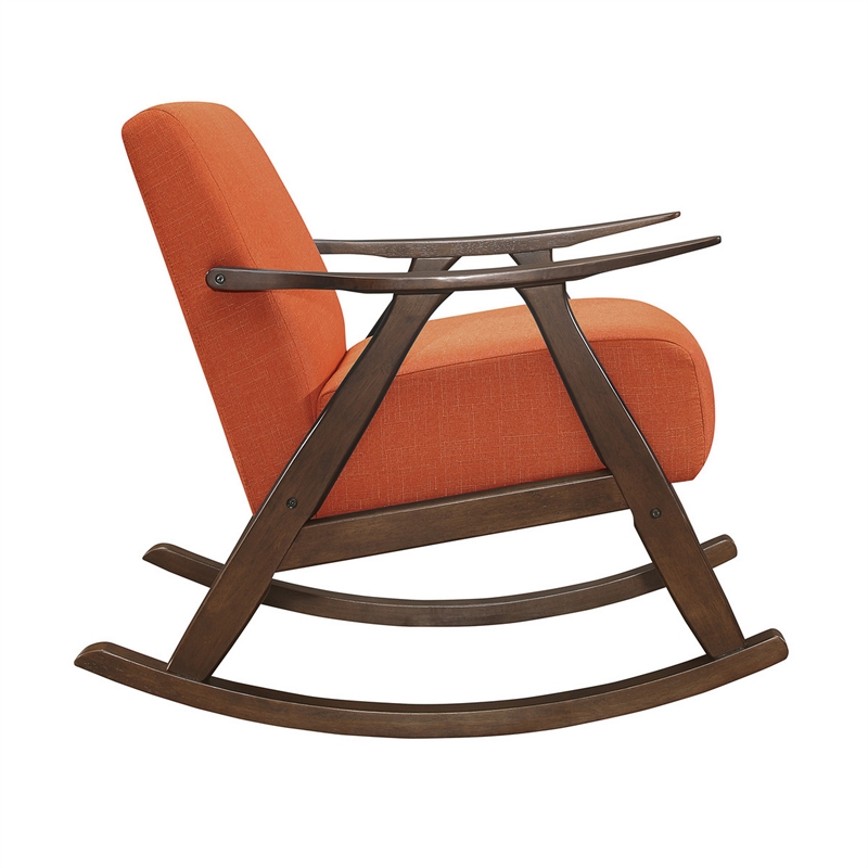 Tim 37 Inch Rocking Armchair- Orange Polyester- Walnut Brown Solid Wood