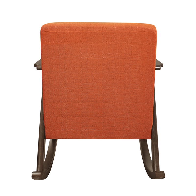 Tim 37 Inch Rocking Armchair- Orange Polyester- Walnut Brown Solid Wood