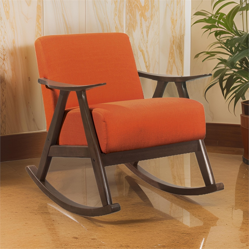 Tim 37 Inch Rocking Armchair- Orange Polyester- Walnut Brown Solid Wood