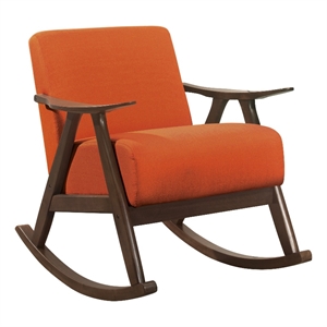 Tim 37 Inch Rocking Armchair- Orange Polyester- Walnut Brown Solid Wood