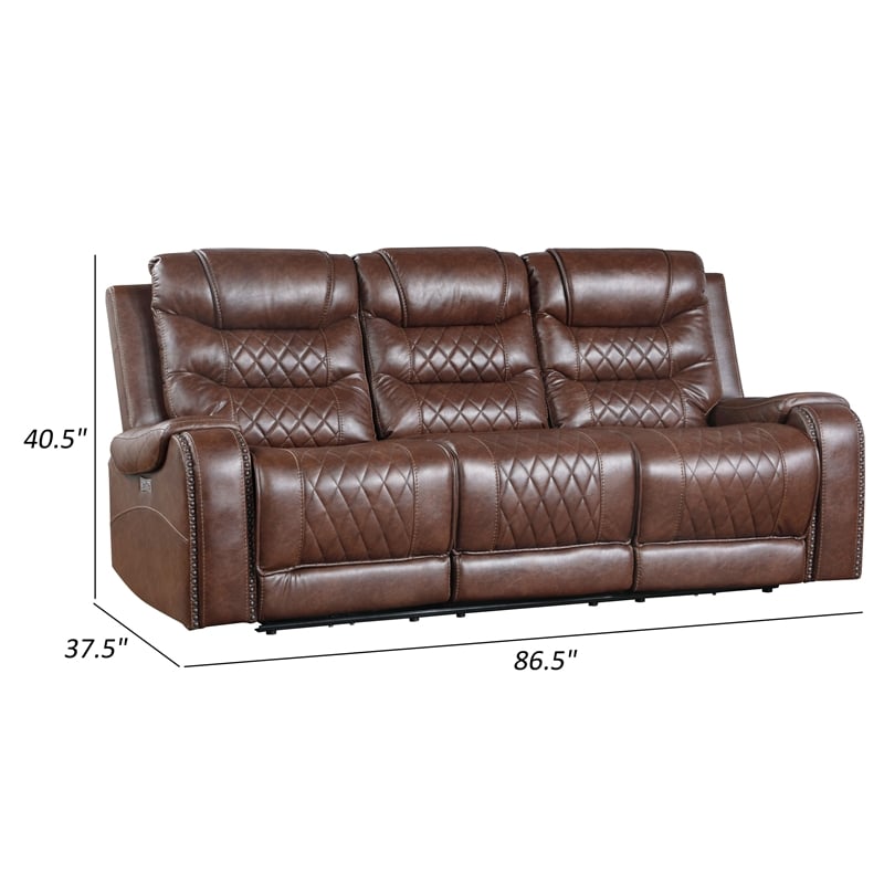 Paul 87 Inch Power Recliner Sofa- Drop Table Cupholders Brown Faux Leather