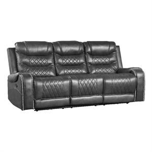 Paul 87 Inch Power Recliner Sofa- Drop Table Cupholders Gray Faux Leather