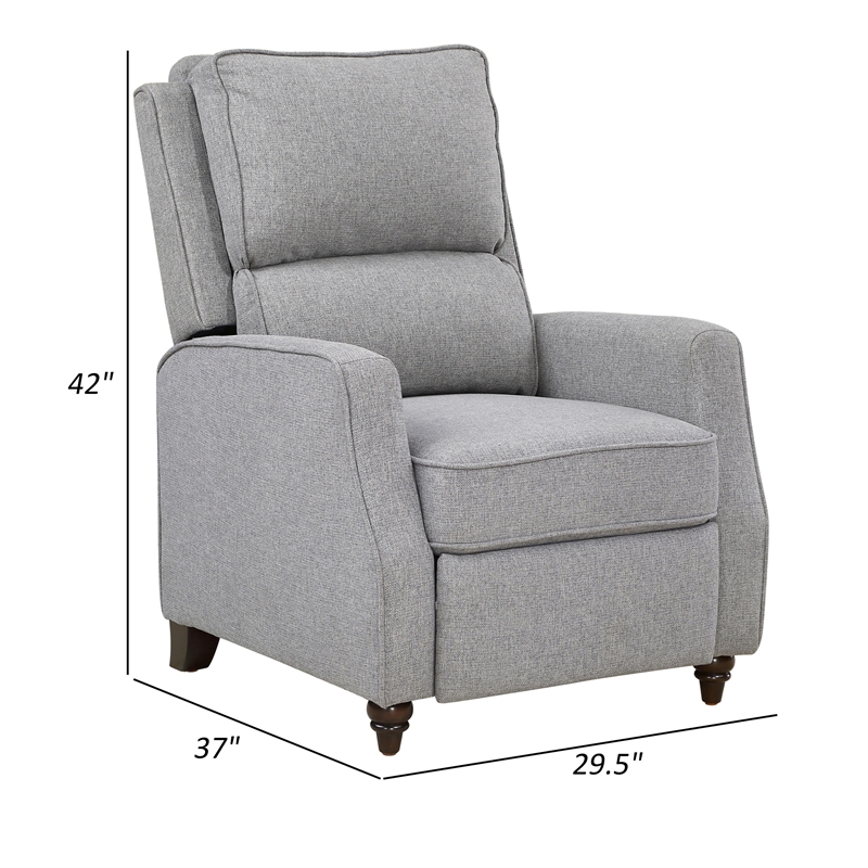 Isac 37 Inch Push Back Recliner Chair- Gray Polyester- Brown Solid Wood