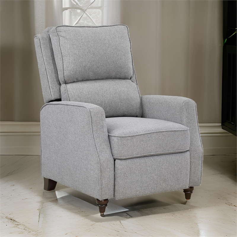 Isac 37 Inch Push Back Recliner Chair- Gray Polyester- Brown Solid Wood