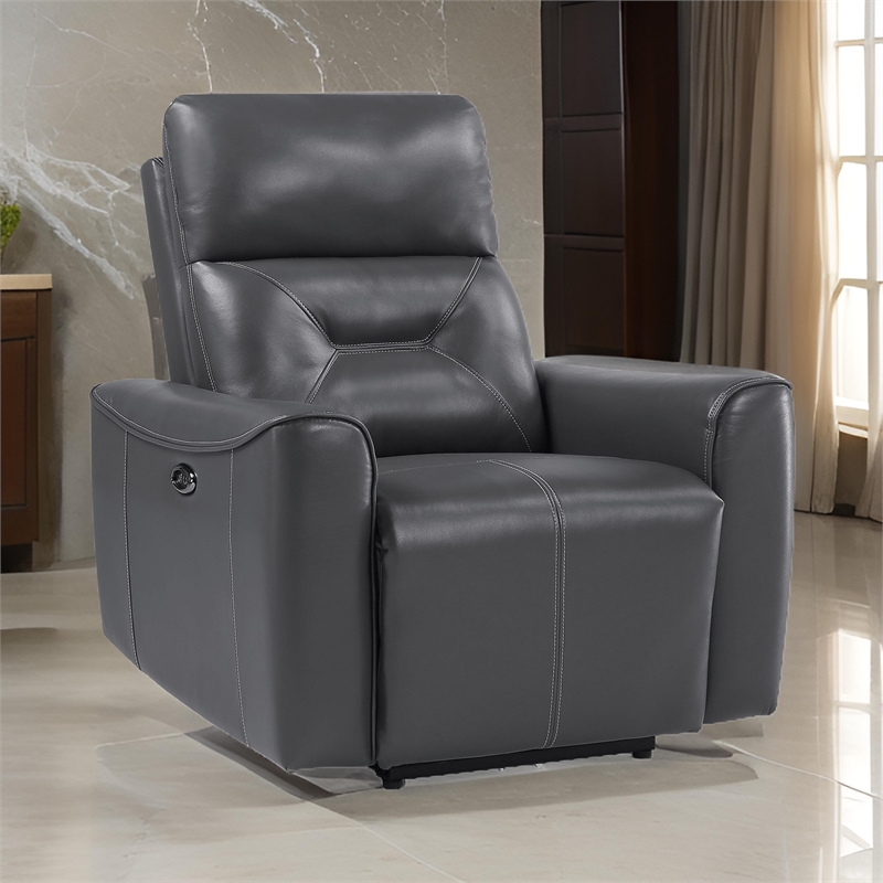 Well 39 Inch Power Recliner Chair- Dark Gray Faux Leather- Solid Wood