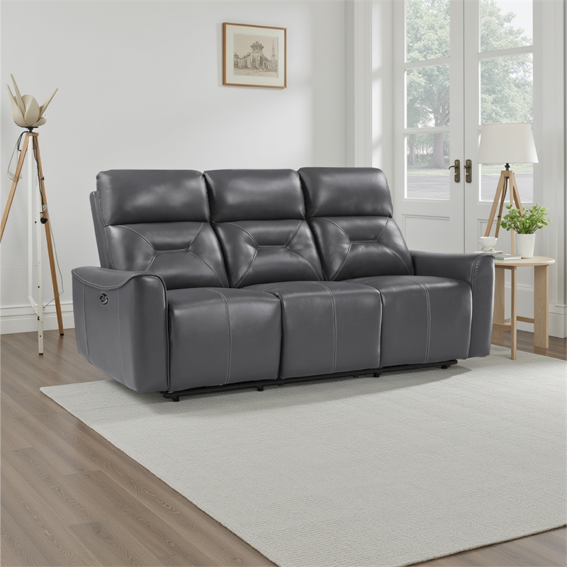 Well 82 Inch Power Double Recliner Sofa- Dark Gray Faux Leather- Wood