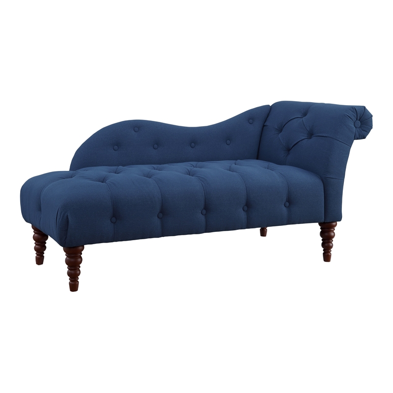 Selena 66 Inch Chaise Lounger- Tufted Blue Polyester- Brown Solid Wood