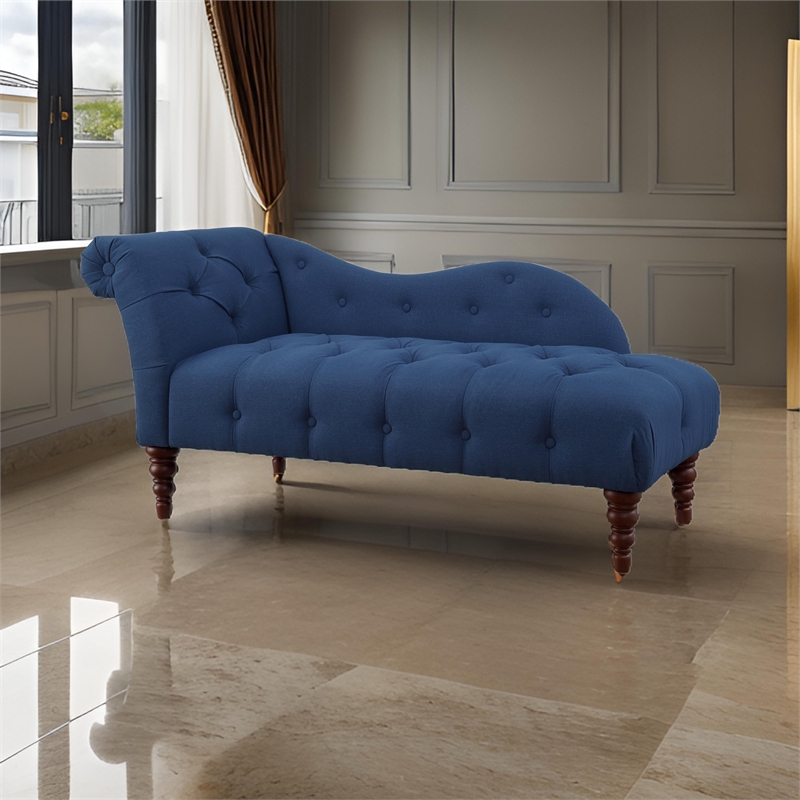 Selena 66 Inch Chaise Lounger- Tufted Blue Polyester- Brown Solid Wood