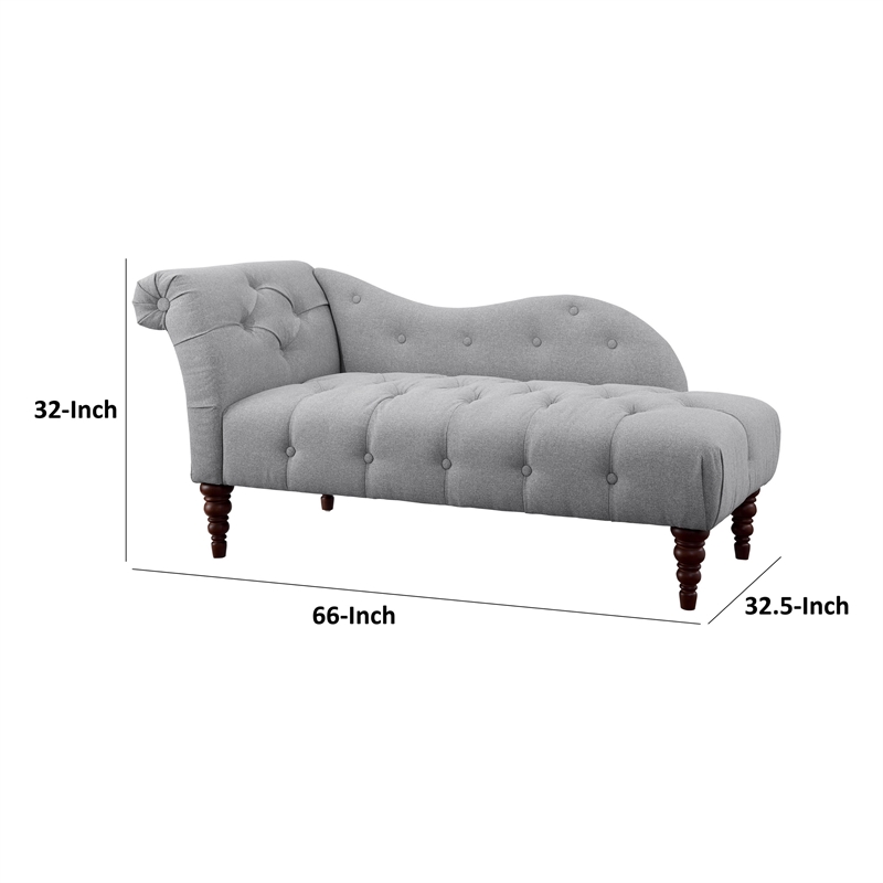 Selena 66 Inch Chaise Lounger- Tufted Gray Polyester- Brown Solid Wood