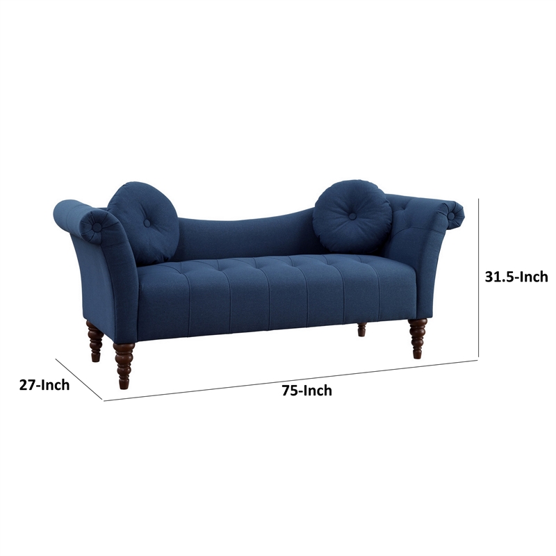 Ria 75 Inch Settee Chaise- 2 Pillows- Blue Polyester- Brown Solid Wood