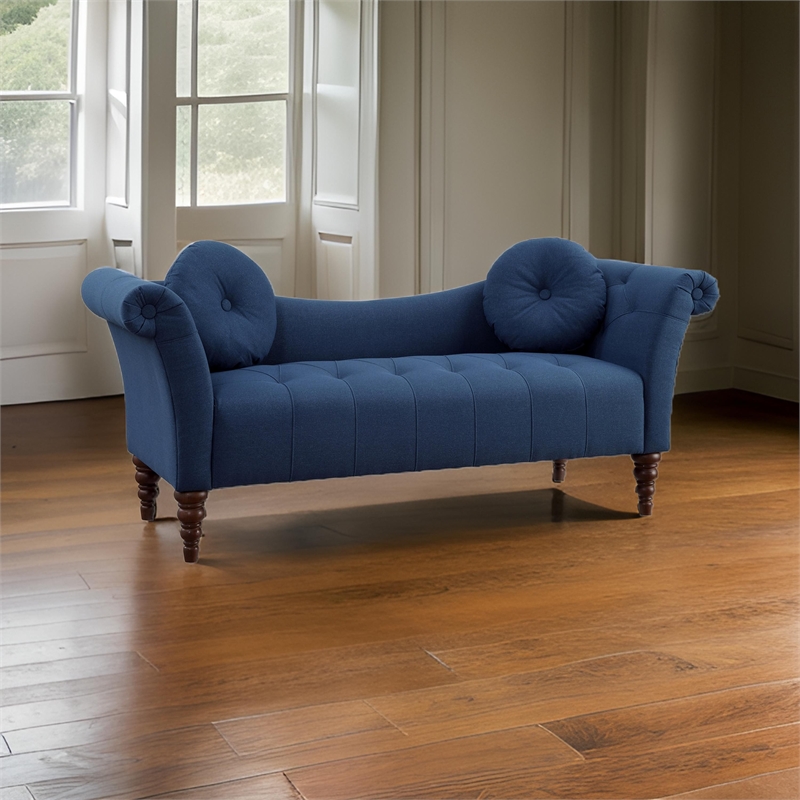 Ria 75 Inch Settee Chaise- 2 Pillows- Blue Polyester- Brown Solid Wood