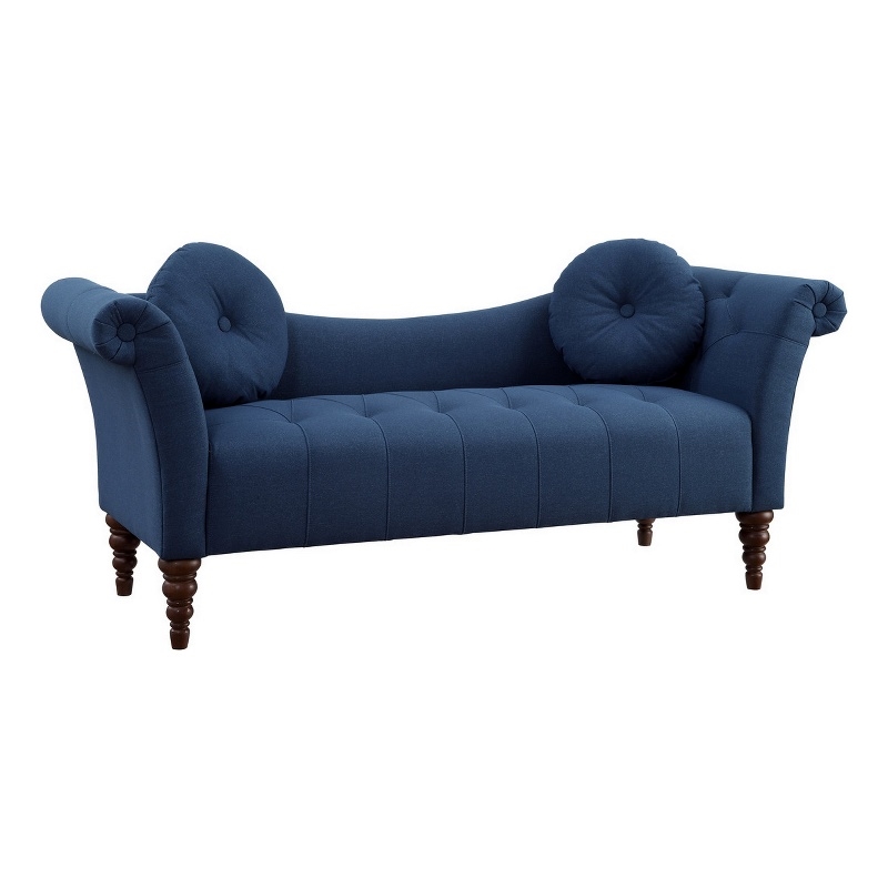 Ria 75 Inch Settee Chaise- 2 Pillows- Blue Polyester- Brown Solid Wood