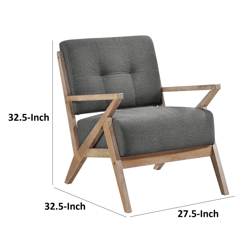 Edra 33 Inch Accent Armchair- Rubberwood Frame- Gray Polyester Cushions