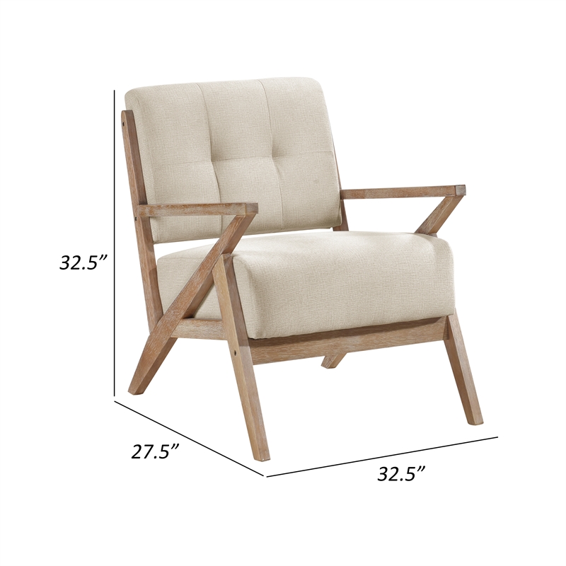 Edra 33 Inch Accent Armchair- Rubberwood Frame- Cushioned Beige Polyester