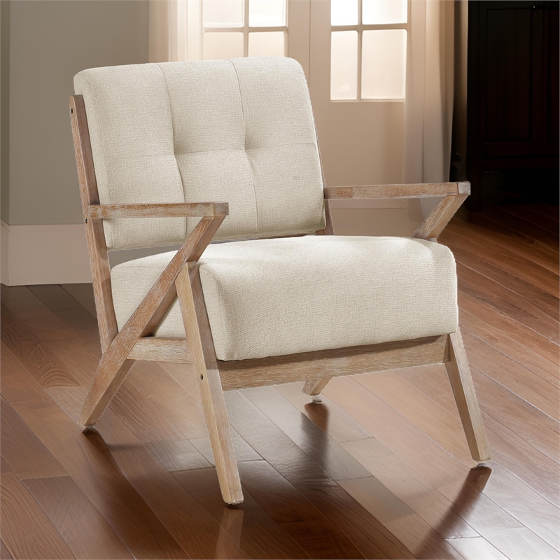 Edra 33 Inch Accent Armchair- Rubberwood Frame- Cushioned Beige Polyester
