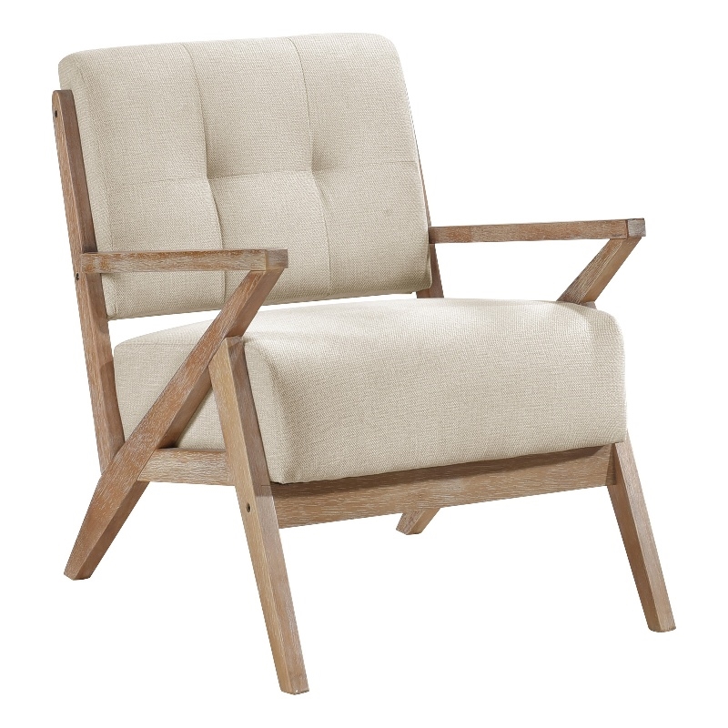 Edra 33 Inch Accent Armchair- Rubberwood Frame- Cushioned Beige Polyester