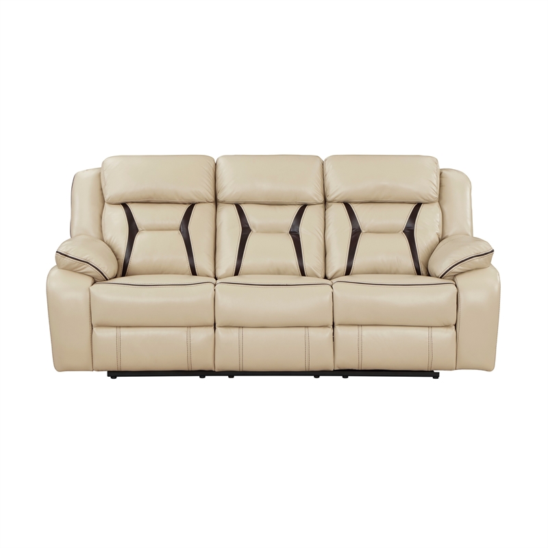Millie 86 Inch Power Dual Recliner Sofa- Cushioned Beige Faux Leather