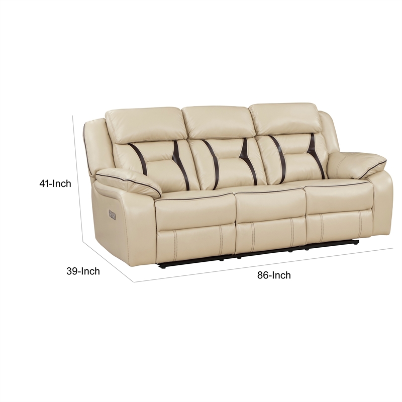 Millie 86 Inch Power Dual Recliner Sofa- Cushioned Beige Faux Leather