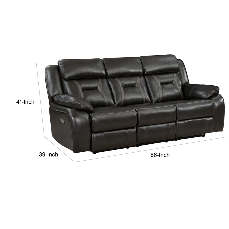 Millie 86 Inch Power Dual Recliner Sofa- Cushioned Dark Gray Faux Leather