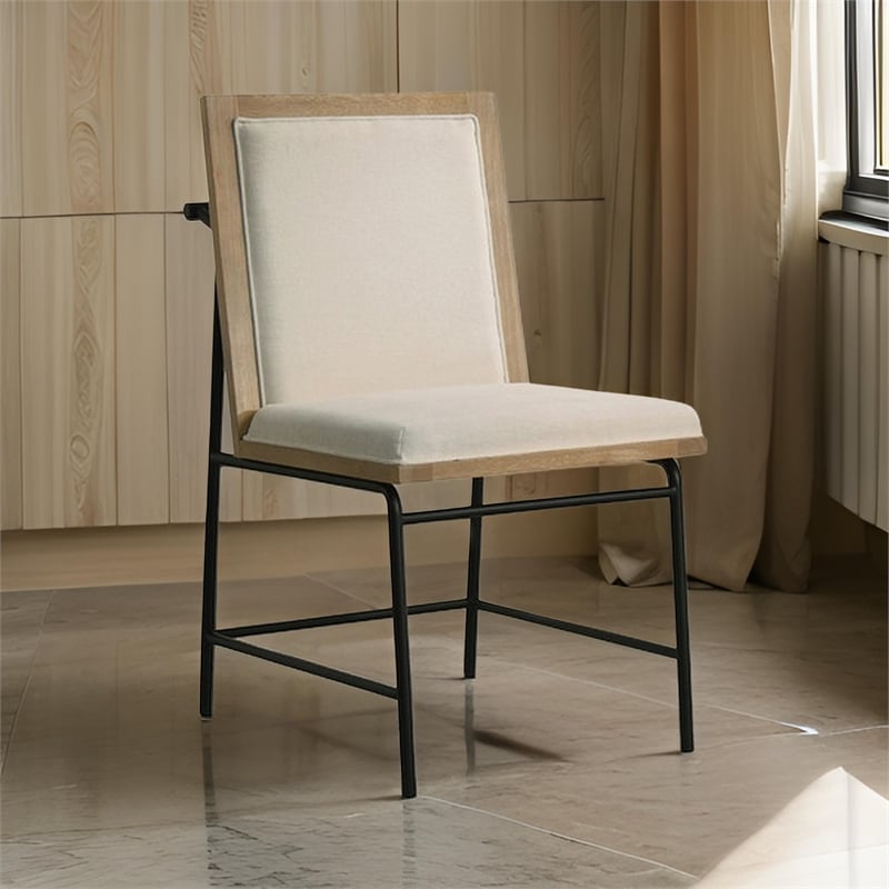 Tory 25 Inch Dining Chair Set of 2- Cream Fabric- Brown Wood- Black Metal