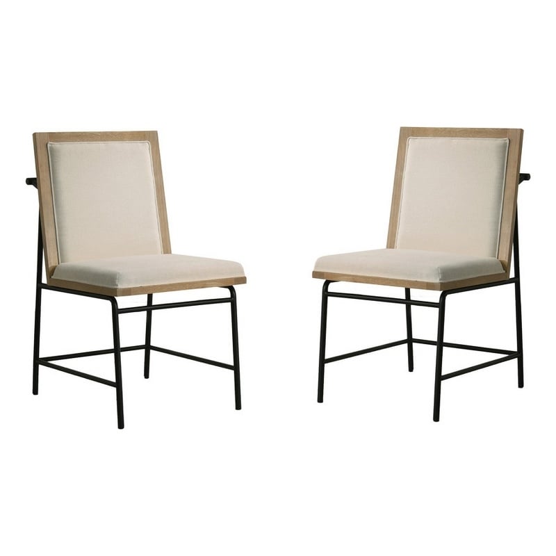 Tory 25 Inch Dining Chair Set of 2- Cream Fabric- Brown Wood- Black Metal