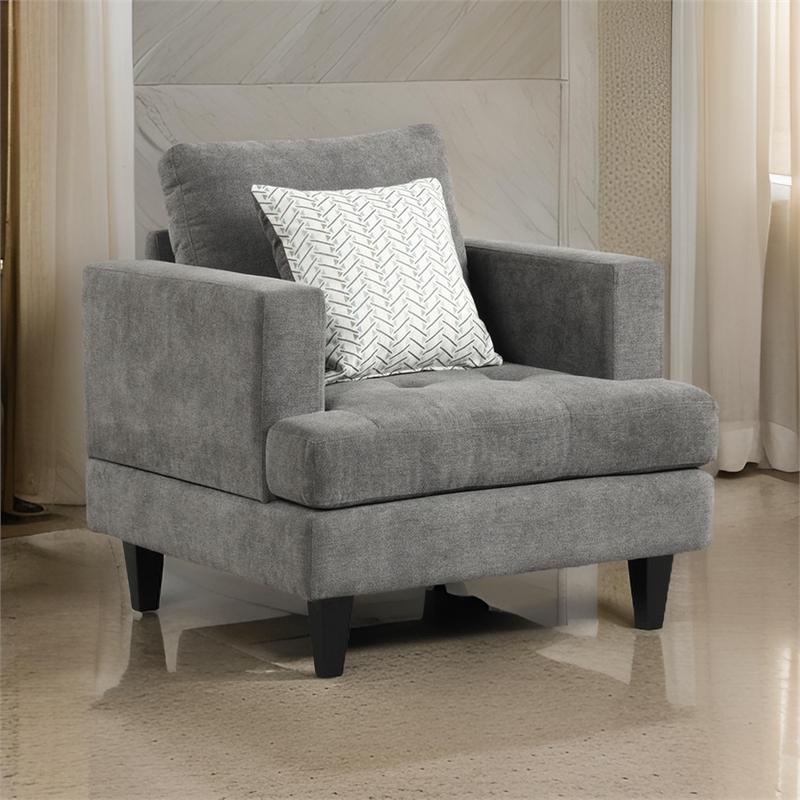 Lae 35 Inch Sofa Chair- 1 Throw Pillow- Tufted- Gray Chenille Upholstery