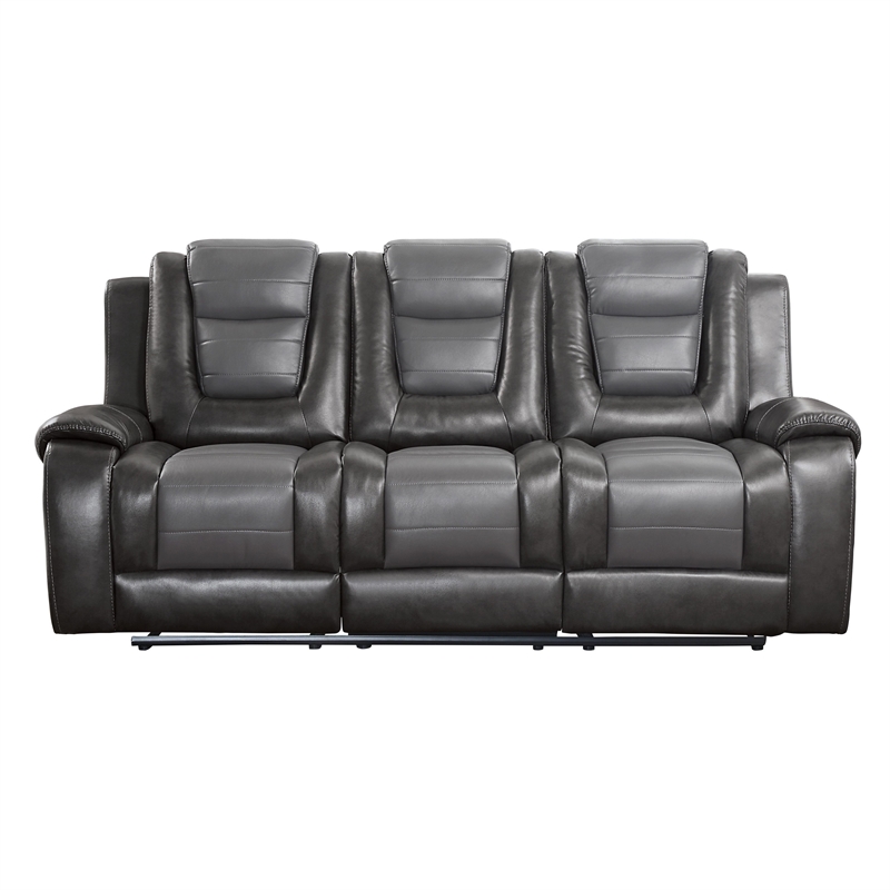 Istro 86 Inch Dual Manual Recliner Sofa- Drop Table- Gray Faux Leather