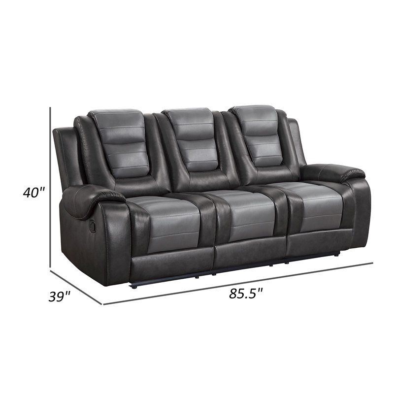 Istro 86 Inch Dual Manual Recliner Sofa- Drop Table- Gray Faux Leather