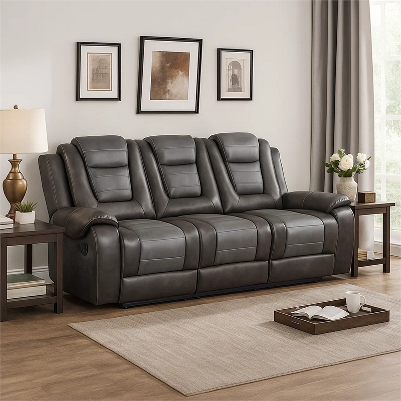 Istro 86 Inch Dual Manual Recliner Sofa- Drop Table- Gray Faux Leather