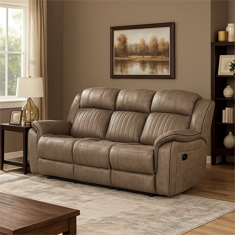 Bento 84 Inch Double Manual Recliner Sofa- Sandy Brown Polished Microfiber