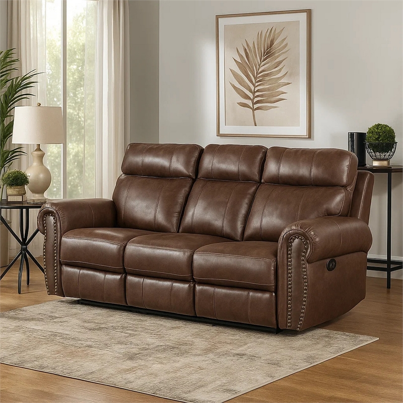 Ville 83 Inch Power Double Recliner Sofa- USB Charger- Brown Faux Leather