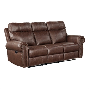 Ville 83 Inch Power Double Recliner Sofa- USB Charger- Brown Faux Leather