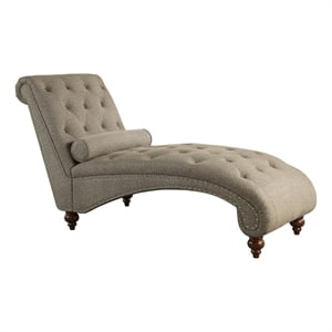 Amey 69 Inch Chaise Lounger- Solid Wood- Rolled Button Tufted Gray Fabric