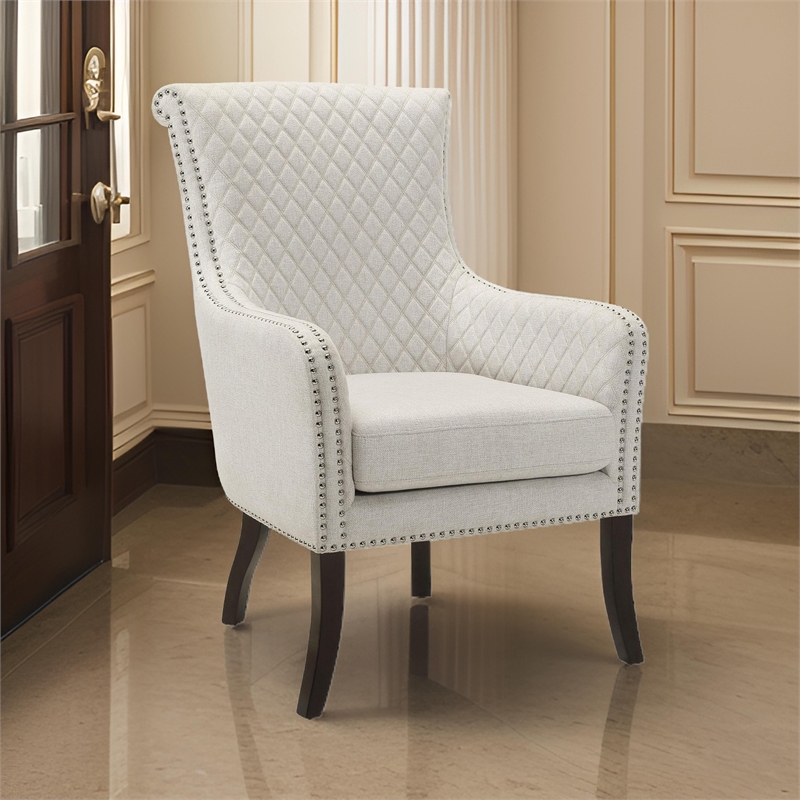 33 Inch Accent Armchair- Diamond Stitched Design- Beige Textured Polyester