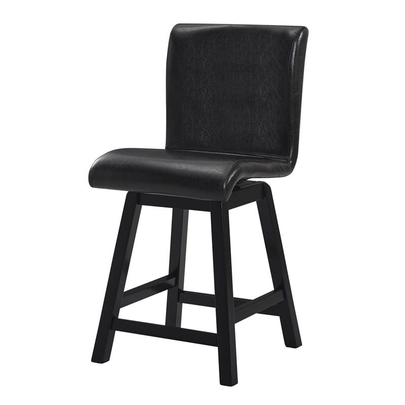 Elsa 26 Inch Swivel Counter Height Chair- Black Faux Leather- Set of 2