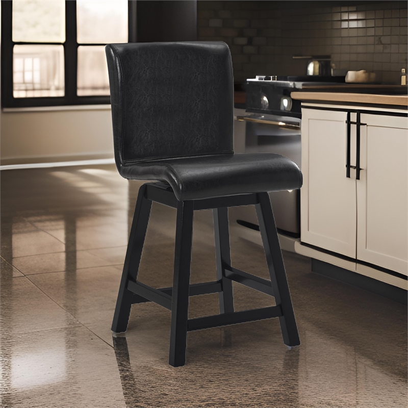 Elsa 26 Inch Swivel Counter Height Chair- Black Faux Leather- Set of 2