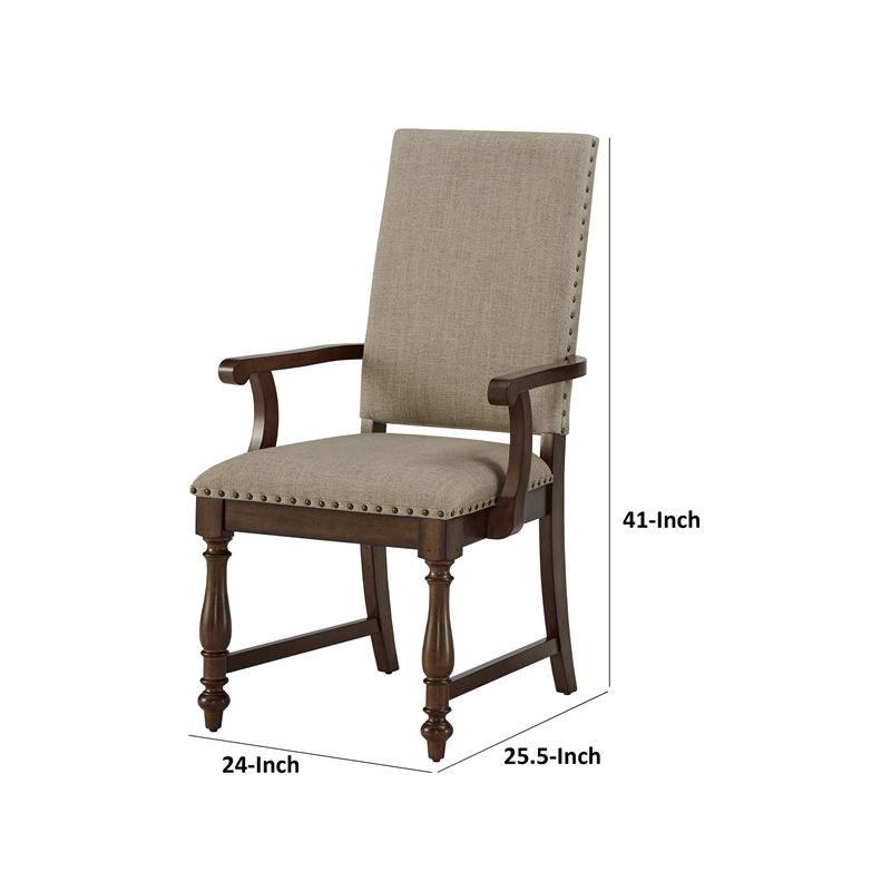 Tom 26 Inch Dining Armchair- Beige Polyester- Nailheads- Brown Wood- Set of 2