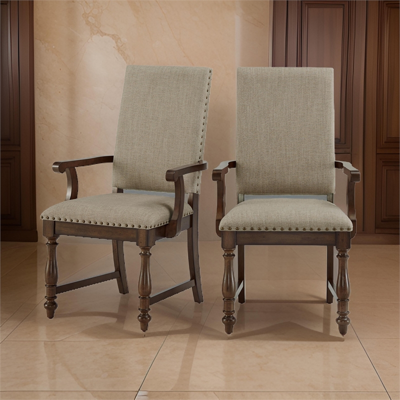 Tom 26 Inch Dining Armchair- Beige Polyester- Nailheads- Brown Wood- Set of 2