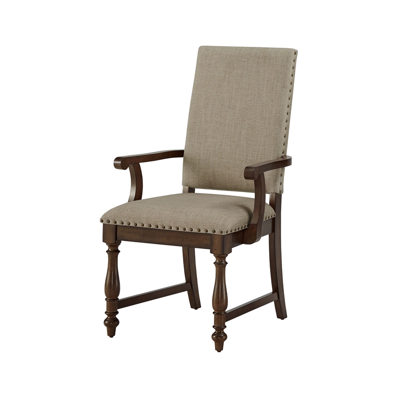 Tom 26 Inch Dining Armchair- Beige Polyester- Nailheads- Brown Wood- Set of 2
