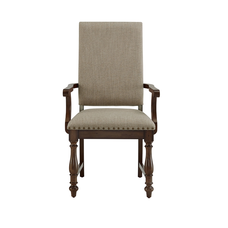 Tom 26 Inch Dining Armchair- Beige Polyester- Nailheads- Brown Wood- Set of 2