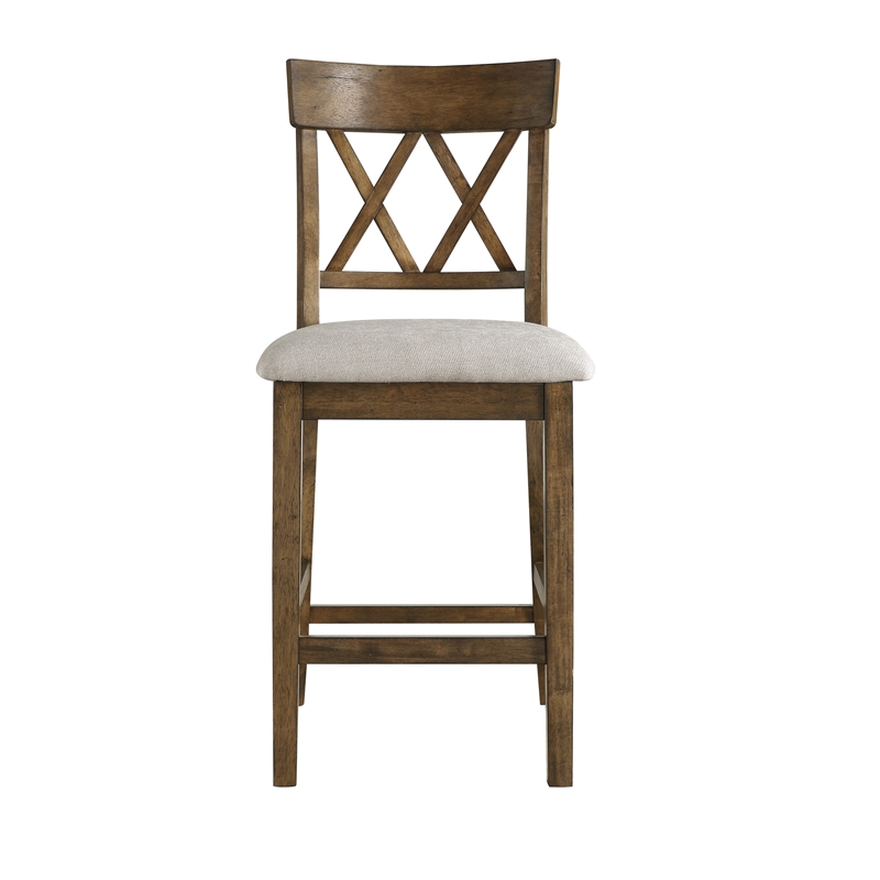 Carl 26 Inch Counter Height Chair- Polyester Seat- X Back- Brown- Set of 2