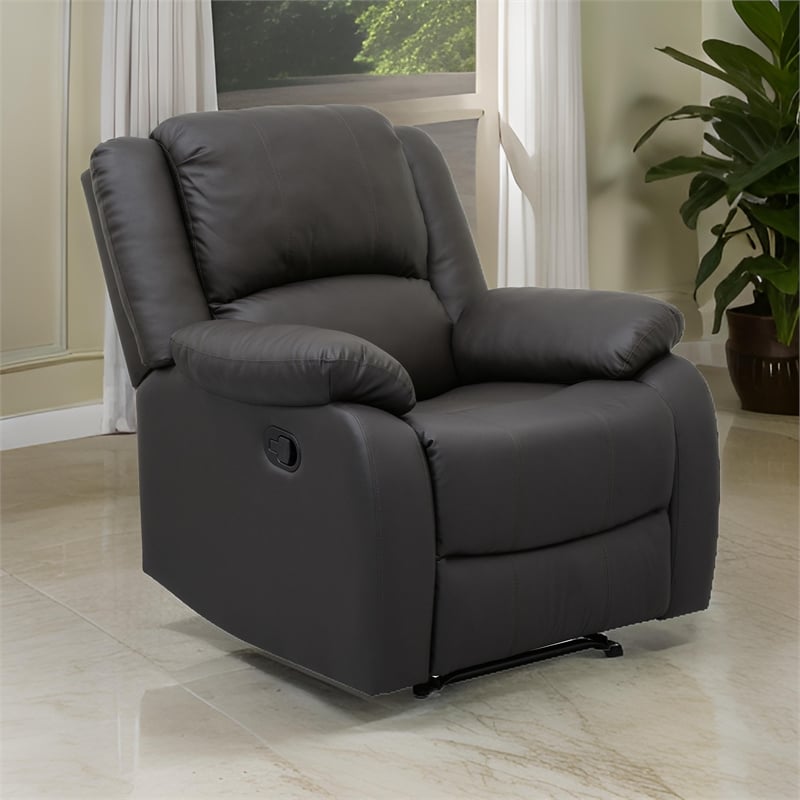 Chris 38 Inch Manual Recliner Chair- Solid Wood- Black Faux Leather