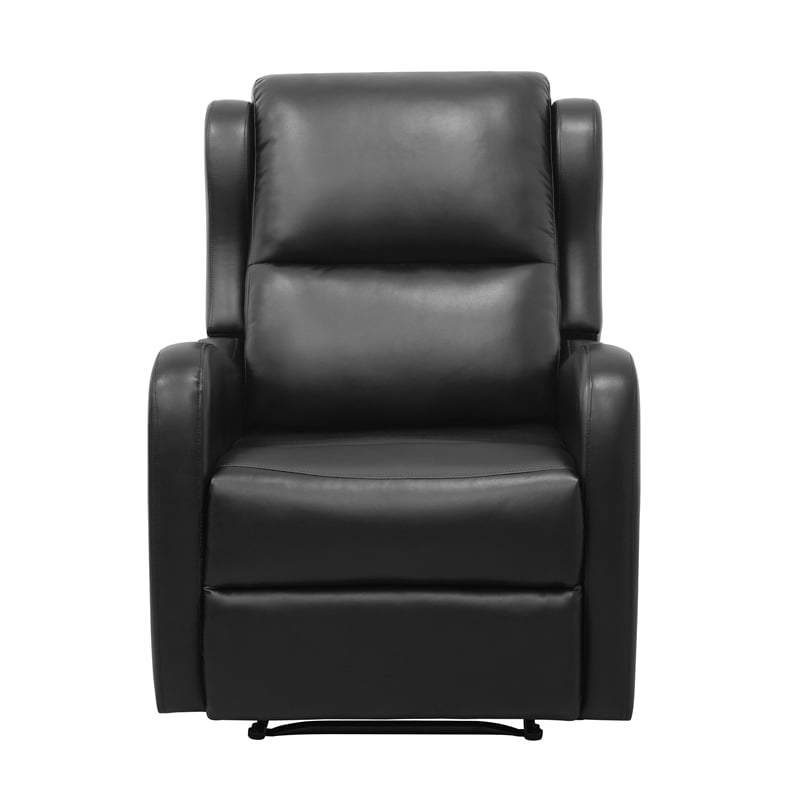 Kim 38 Inch Manual Recliner Chair- Cushioned Black Faux Leather- Solid Wood