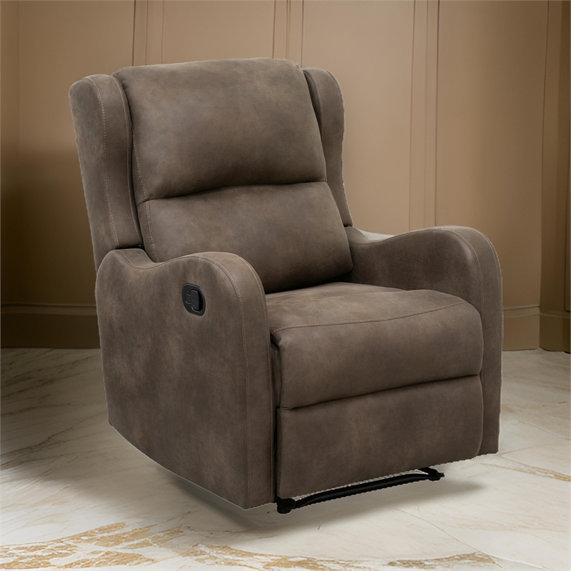 Kim 38 Inch Manual Recliner Chair- Cushioned Brown Microfiber- Solid Wood